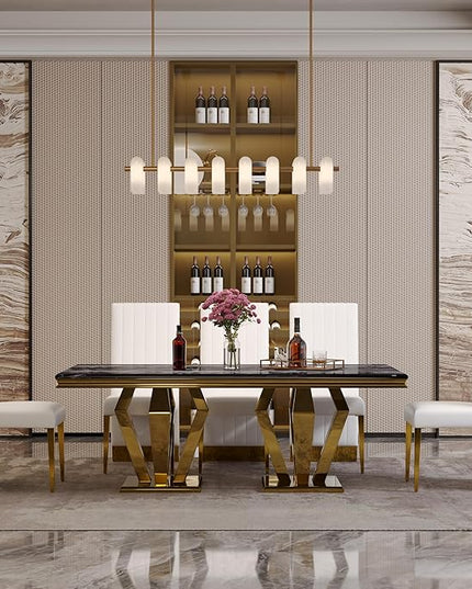 7 Piece Dining Table Set for 6, 78 inch Gold Dining Room Table Set with 6 White Leather Dining Chairs