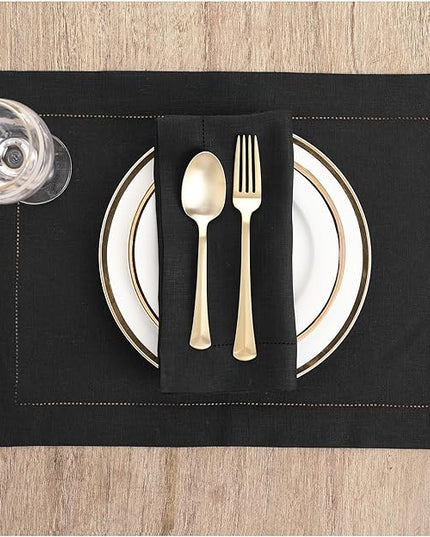 Solino Home Linen Placemats Set of 4 - Classic Hemstitch Black Placemats 14 x 19 Inch - 100% Pure Linen Table Mats for Winter, Holiday, Christmas, New Year