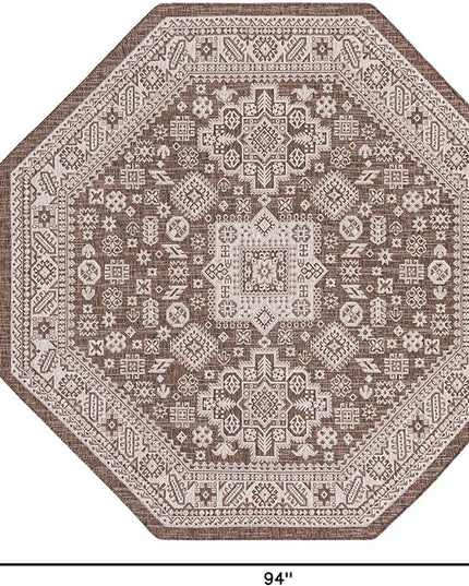 Rugs.com Outdoor Aztec Collection Rug – 8 Ft Octagon Brown Flatweave Rug Perfect for Living Rooms, Kitchens, Entryways