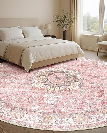 Large Pink Round Rug 9ft,Boho Circle Area Rugs for Bedroom Living Room,Washable Vintage Bohemian Distressed Oriental Floral Carpet Non Slip,Blush Floral Flowers