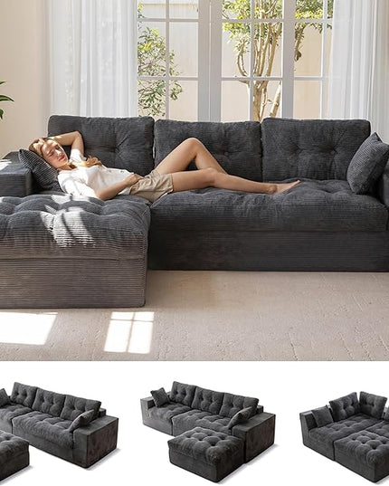 MAXYOYO 104" L Shaped Modular Sectional Sofa with Ottoman, Cloud Boneless Couch with Layered Cushion, Upholstered Sofa in a Box, Flexible Module Combination for Living Room, No Assembly, Dark Grey