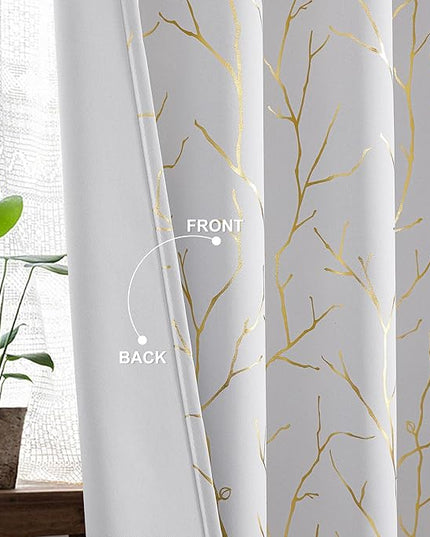 BUHUA Blackout Curtains 63 Inches Length, Thermal Curtain for Bedroom 2 Panels Set, Room Darkening Curtains with Gold Shinny Branches Tree Patern, 52W×63L Greyish White