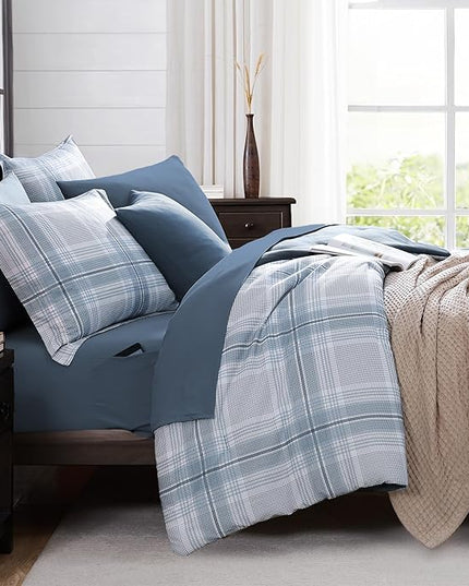 MaiRêve Plaid Full Comforter Sets, Light Blue Grid Farmhouse Bedding Set Bed in A Bag, Classic Checkered Comforter Sets with Fitted & Flat Sheet, Pillowcases & Shams(Light Blue, 80"x90")