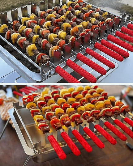 𝗖𝗵𝗮𝗿𝗰𝗼𝗮𝗹 𝗞𝗮𝗯𝗼𝗯 𝗚𝗿𝗶𝗹𝗹 by 𝗡𝗼𝗿𝘁𝗵 𝗚𝗿𝗶𝗹𝗹𝘀: precise heat control, silicone-handle square & flat skewers, charcoal starter tool, tongs, BBQ gloves, and storage & travel bags.