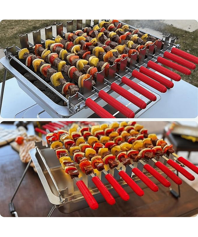 𝗖𝗵𝗮𝗿𝗰𝗼𝗮𝗹 𝗞𝗮𝗯𝗼𝗯 𝗚𝗿𝗶𝗹𝗹 by 𝗡𝗼𝗿𝘁𝗵 𝗚𝗿𝗶𝗹𝗹𝘀: precise heat control, silicone-handle square & flat skewers, charcoal starter tool, tongs, BBQ gloves, and storage & travel bags.