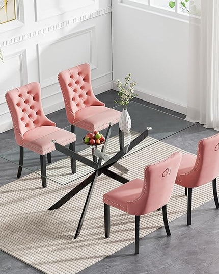 HomVent 5 Piece Rectangular Glass Dining Table Set, Tempered Glass Dinner Table Set for 4 Kitchen Table Set with 4 Velvet Upholstered Chairs for Kitchen Dining Room
