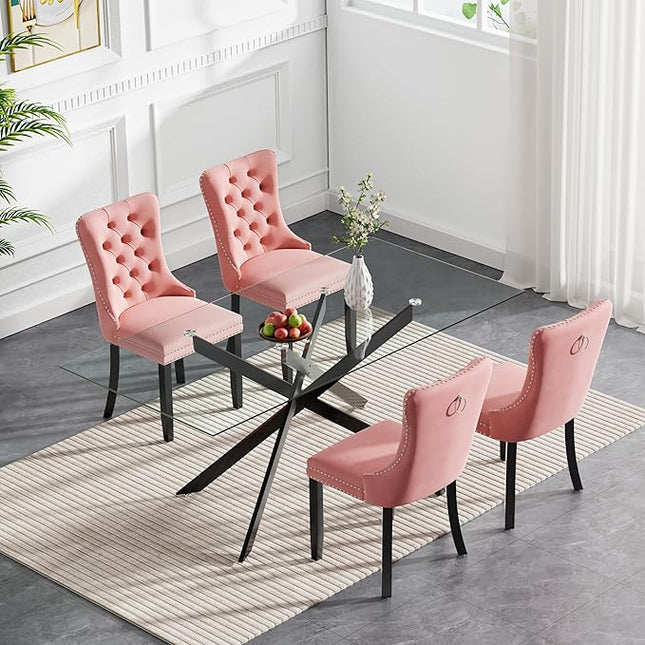 HomVent 5 Piece Rectangular Glass Dining Table Set, Tempered Glass Dinner Table Set for 4 Kitchen Table Set with 4 Velvet Upholstered Chairs for Kitchen Dining Room