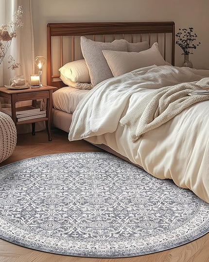 jinchan Round Rug 5ft Washable Circle Soft Rug - Low Pile Vintage 5'Round Indoor Grey Floral Print Stain Resistant Boho Carpet Ultra-Thin Non-Slip for Entryway Nursery Bedroom Dining Room Kitchen