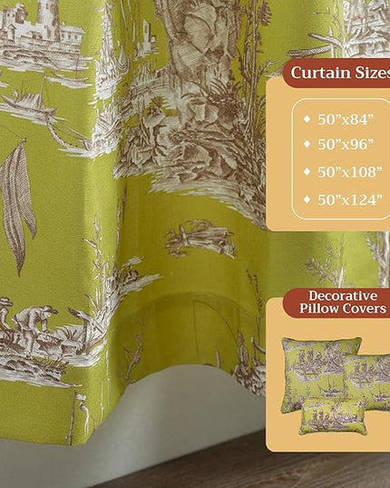 Maison d' Hermine Curtains for Living Room 100% Cotton 84 inch Length One Panel Light Filtering Toile Curtains for Bedroom Windows with Rod and Loop Pockets Drapes (Calais Celery, 50" W x 84" L)