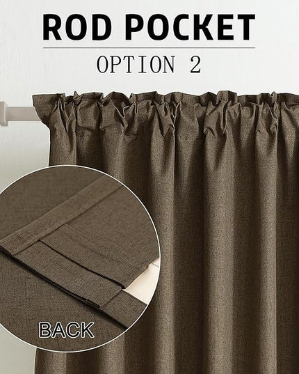 DUALIFE Brown Linen Full Blackout Curtains 108 Inch Length 2 Panels Set for Living Opaque Privacy Back Tab Thermal Insulated 100% Black Out Room Darkening 9ft Window Curtain Drapes 108 Inches Long