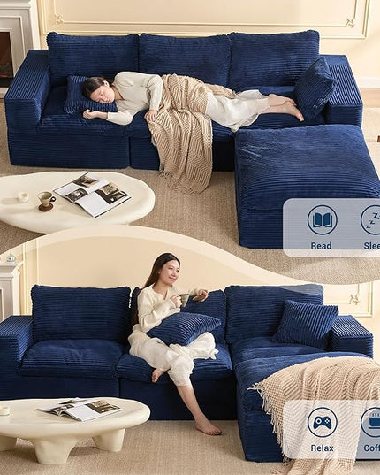 106.3” Sectional Couches for Living Room, Cloud Couch, Modular Sectional Sofa, Convertible Sofas Bed, Deep Seat Sofa, L Shaped Cozy Sofa Furniture Set, Corduroy, Blue