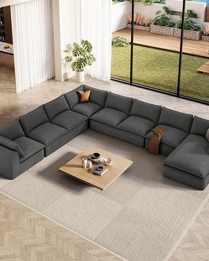 Vesgantti 204.7" Oversized Boneless Sectional Couch, Modern 9 Seater Modular Sofa with Chaise, Deep Seat Corduroy Convertible Cloud Couches for Living Room, No Assembly Required, Dark Gray