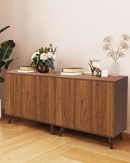 Modern Sideboard Buffet Cabinet Console Table, Accent Storage Cabinet Credenza Buffer Cabinets with 4 Fluted Doors for Kitchen Dining Living Room Entryway (Walnut)