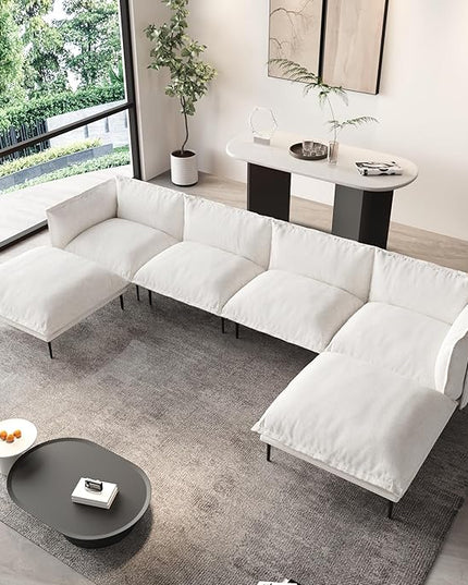 WJShome 147" Modern U-Shaped Couch for Living Room,Velvet Modular Sectional Sofa with Chaise,4-Seater Sofa with 2 Ottomans with Removable Cushions and 8" High Metal Legs, Easy to Clean, Beige