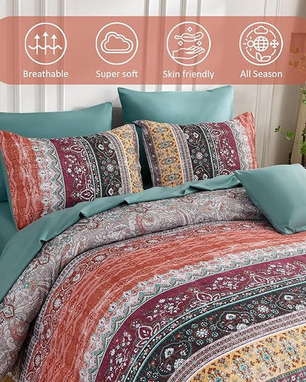 Cottolester Boho Queen Comforter Set 8 Pieces,Orange and Green Bohemian Striped Bed in a Bag,Paisley Soft Microfiber Bedding Comforter Set