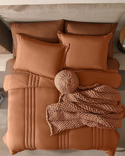 Monbix King Size Comforter Set - 7 Pieces Bed in a Bag King, Burnt Orange Bedding Sets with Comforter, All Seasons Down Alternative Comforter Bed Set with Sheets, Pillowcases & Shams