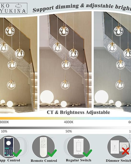 KoKo&Yukina 5-Light Globe Glass Pendant Light Adjustable Length Pendant Lights Modern Gold Clear Globe Glass Chandelier High Ceiling Lights Fixtures for Foyer Staircase Entryway (Bulb & Remote Incl.)