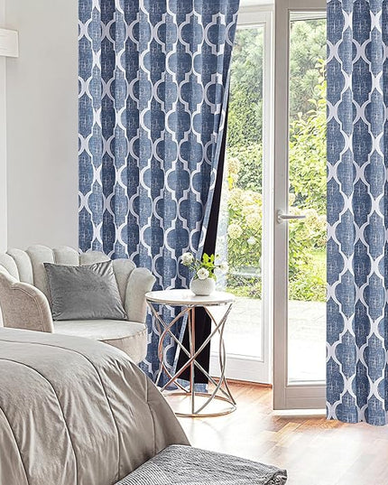 Beauoop 100% Blackout Curtains 63 Inches Long 2 Panels for Bedroom Living Room Blue Moroccan Geo Room Darkening Thermal Insulated Soundproof Rod Pocket Back Tab Window Treatments Drapes, 50x63