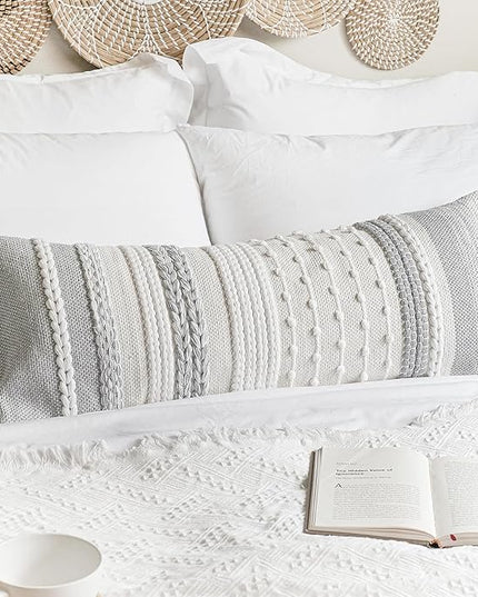 BlissBlush Gray Decorative Lumbar Pillow Cover 14x36, Grey Boho Long Body Pillow for Bed, Farmhouse Lumbar Throw Pillow for Couch, Modern Accent Textured Throw Pillowcase