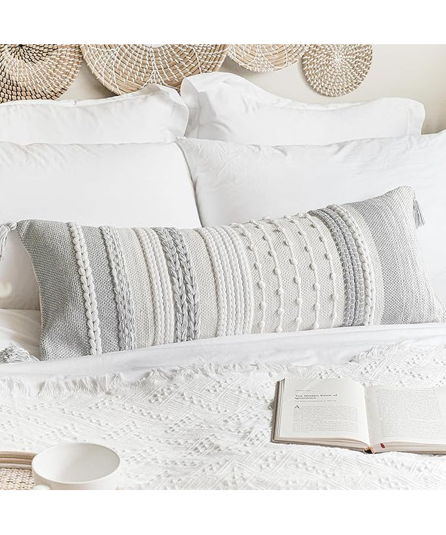 BlissBlush Gray Decorative Lumbar Pillow Cover 14x36, Grey Boho Long Body Pillow for Bed, Farmhouse Lumbar Throw Pillow for Couch, Modern Accent Textured Throw Pillowcase