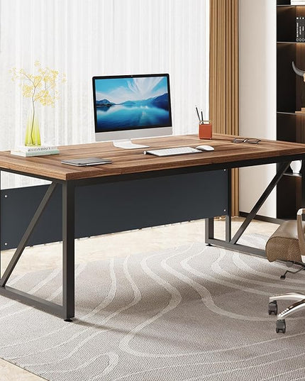 Tribesigns 63 inches Computer Desk, Modern Home Office Desk Writing Table for Workstation, Dark Walnut + Steel Leg, Cabinet not Included (Walnut, 63-inch)