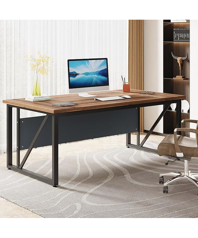 Tribesigns 63 inches Computer Desk, Modern Home Office Desk Writing Table for Workstation, Dark Walnut + Steel Leg, Cabinet not Included (Walnut, 63-inch)