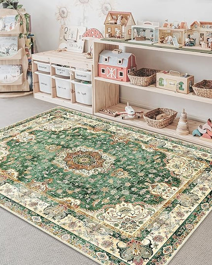 Green Rug 3'x5',Washable Area Rugs for Bedroom Living Room Kitchen Entryway Bedside,Small Boho Vintage Bohemian Distressed Oriental Non Slip Carpet,Retro Sage Floral