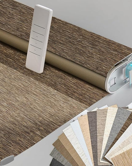 Persilux Smart Motorized Blinds with Remote, No Drill Automatic Roller Shades for Indoor Windows, Blackout Linen Fabric, Electric Blinds for Windows, Nature Brown C153BO-11, Custom Size