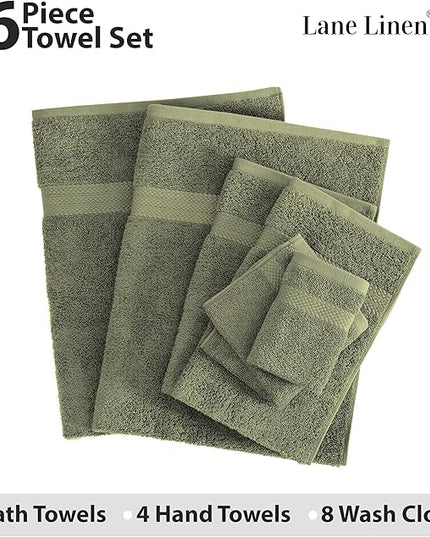 Lane Linen 100% Cotton Luxury Bath Towel Set - 16 Pieces - Ring Spun, Super Soft & Highly Absorbent - 4 Bath, 8 Washcloths, 4 Hand Towels for Bathroom - Minimal Lint & Fading, Pre Shrunk - Olive Green