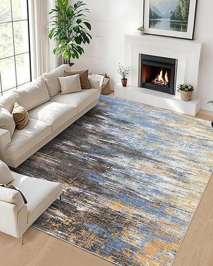 Washable Rug 5x7 Abstract Area Rug for Living Room, Non Slip Foldable Soft Rugs for Bedroom, Stain Resistant Rugs Modern Fuzzy Rug, Indoor Floor Carpet for Entryway Home, Blue/Brown