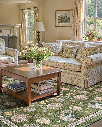 jinchan Elora 8x10 Floral Rug for Living Room Washable Bedroom Rug Vintage Romance Christmas Design Non Slip Thin Indoor Floor Cover Large Low-Profile Throw Carpet for Dining Room Office, Green