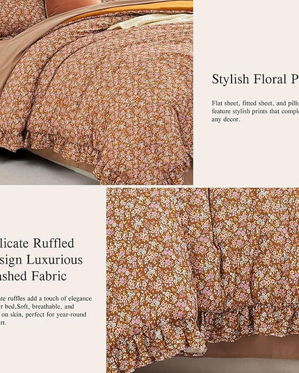 King Comforter Set - 7 Pieces Ruffle Brown Bedding Sets, Shabby Chic Farmhouse Bed in a Bag King with Ruffle Comforter, Floral Sheets, Pillowcases & Shams