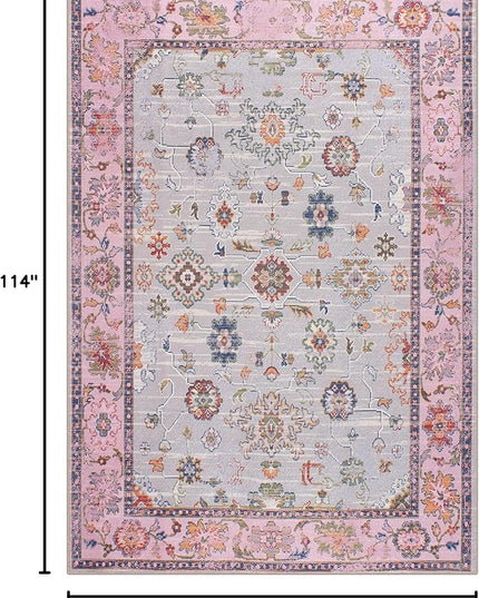 GLN Rugs Traditional Collection - Machine Washable Area Rug, Traditional Washable, Non Slip, Low Pile Chenille Rug, Living Room, Bedroom, Kitchen Rug (6'6"x9'6" Pink and Gray)