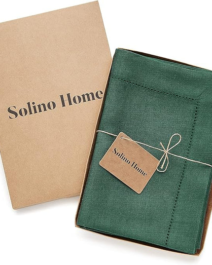 Solino Home Linen Napkins Set of 4 - Classic Hemstitch 100% Pure Linen Rainforest Green Dinner Napkins Cloth 20 x 20 Inch for Fall, Thanksgiving, Christmas, Holiday - Handcrafted and Machine Washable