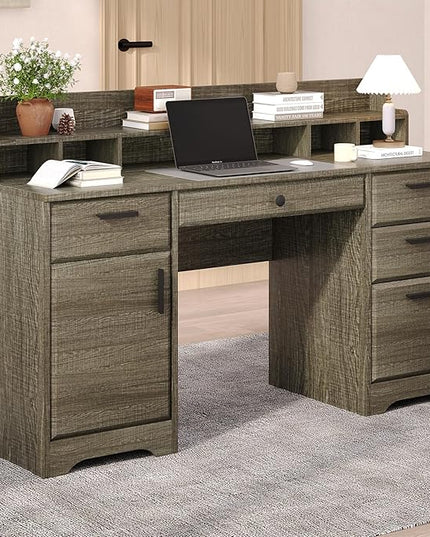 58 Inch Executive Desk with File Drawers, Computer Desk with Storage, Rustic Desk with Adjustable Shelves, Office Desk with Hutch for Bedroom, Grey