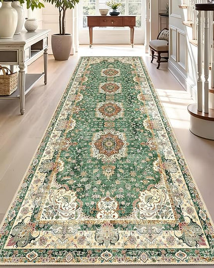 Washable Runner Rug 2'x8',Green Rug Runners Non Slip,Long Boho Rugs for Hallways Kitchen Bathroom Bedroom Entryway,Vintage Bohemian Distressed Floor Carpet,Retro Sage Floral