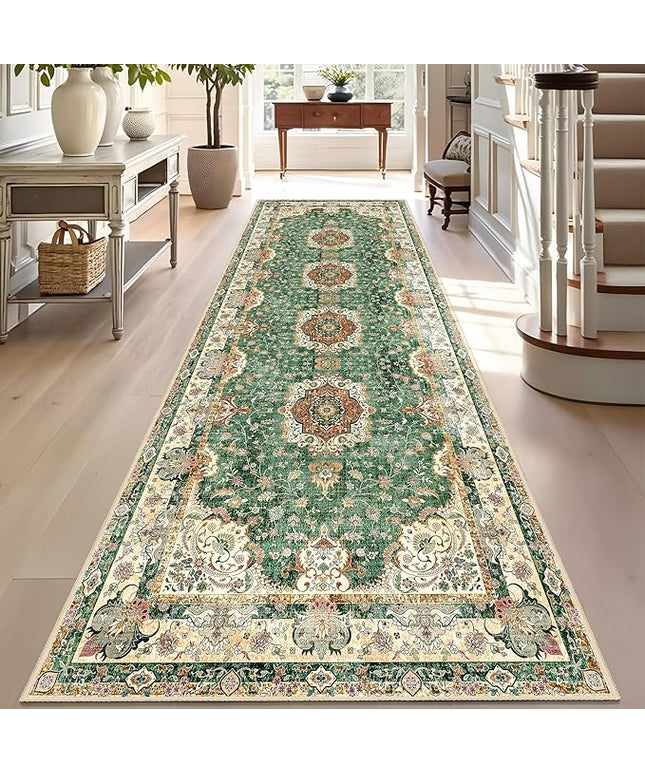 Washable Runner Rug 2'x8',Green Rug Runners Non Slip,Long Boho Rugs for Hallways Kitchen Bathroom Bedroom Entryway,Vintage Bohemian Distressed Floor Carpet,Retro Sage Floral
