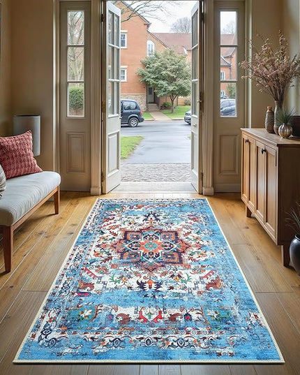 GLN Rugs Traditional Collection - Machine Washable Area Rug, Traditional Washable, Non Slip, Low Pile Chenille Rug, Living Room, Bedroom, Kitchen Rug (2'6"x6'6" Blue)