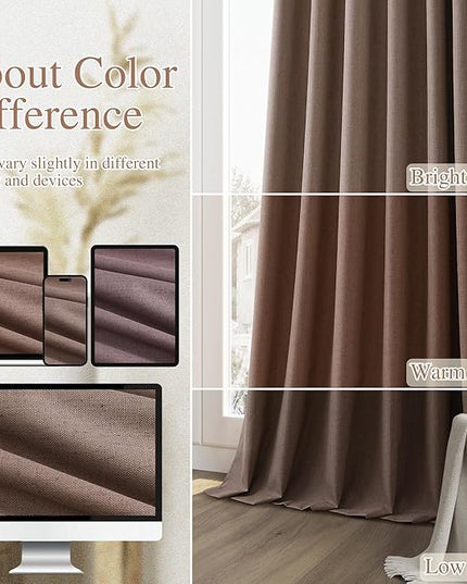 Guken 100% Blackout Curtains 84 Inch Length 2 Panels Set for Living Room Bedroom Back Tab Thermal Insulated Black Out Linen Drapes Room Darkening Mocha Mousse,52x84