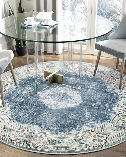 MUJOO Blue Round Rug 5ft,Circle Washable Area Rugs for Bedroom Living Room Bathroom,Boho Large Non Slip Circular Carpet,Floral