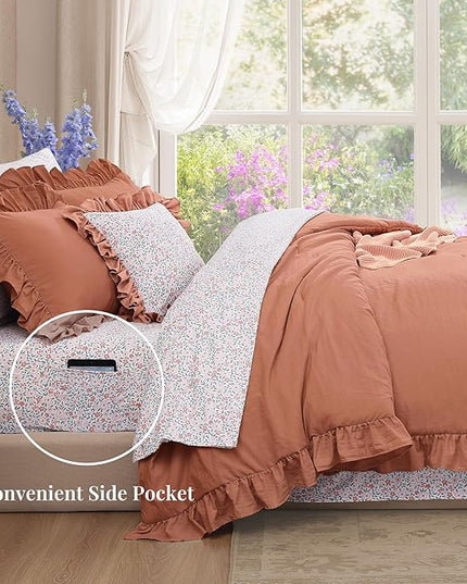 Full Comforter Set - 7 Pieces Ruffle Autumn Leaf Bedding Sets, Shabby Chic Farmhouse Bed in a Bag Full with Ruffle Comforter, Floral Sheets, Pillowcases & Shams