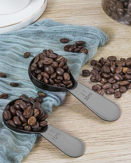 Stainless steel coffee scoop 2-piece set (1 tbsp, 2 tbsp) durable Tablespoon, ergonomic measuring spoon, Suitable for small and large jars，short-handled spoon (Black)