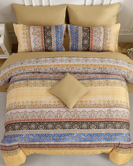 Cottolester Boho Queen Comforter Set 8 Pieces, Yellow Bohemian Striped Bed in a Bag, Paisley Soft Microfiber Bedding Comforter Set