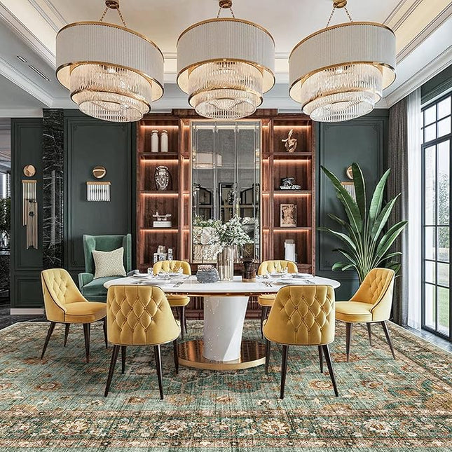 Washable Oriental Area Rug - 12x18 Rugs for Living Room Soft Carpet for Bedroom Waterproof Floral Distressed Indoor Stain Resistant Non-Shedding Floor Carpets (Green, 12x18)