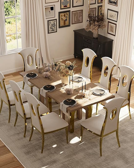 78 inch Rectangular Solid Wood Dining Table for 6-8, Luxury Farmhouse Rustic Dining Table with Light Brown Wood Top and UH-Shaped Mirrored Gold Pedestal, for Dining Room, Kitchen