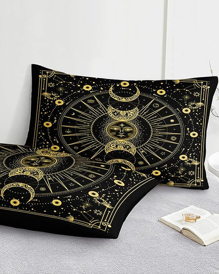 Bedbay Sun Moon Comforter Set 8 Pcs Black and Gold Trippy Galaxy Bedding Set Bed in a Bag Constellation Horoscope Bedding King Bed Set Cosmos Celestial Decor Quilted Duvet Insert(Gold,King)
