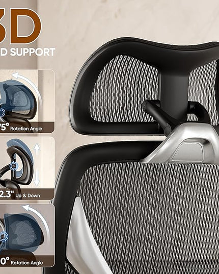 GABRYLLY Ergonomic Office Chair, Home Mesh Desk Chair with Adjustable Lumbar Support, 5D Arms & Wide Seat, 135° Recline Big and Tall Computer Chairs for Work Gaming, Heavy Duty,300LBS