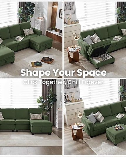 CHIC HOUSE Corduroy Modular Sectional Couch with Ottoman Chaise, L/U Shaped Sleeper Sofa for Living Room, Apartment, Lounge, Modern Armrest Neck Support Furniture (6 Seater Sectional, Green)