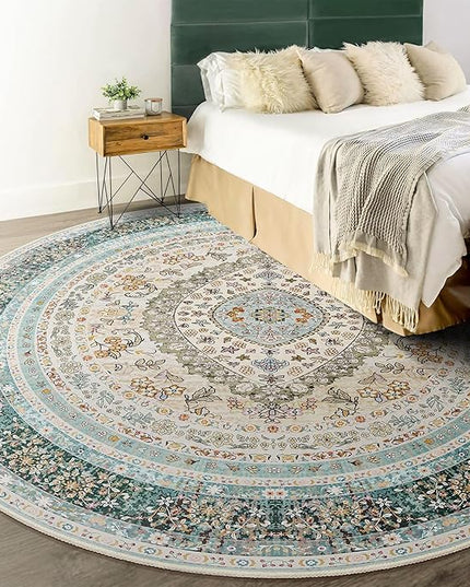 Round Area Rugs 6ft Washable,Blue Rug for Living Room Bedroom Dining Room,Large Boho Vintage Bohemian Distressed Oriental Carpet Non Slip,Floral