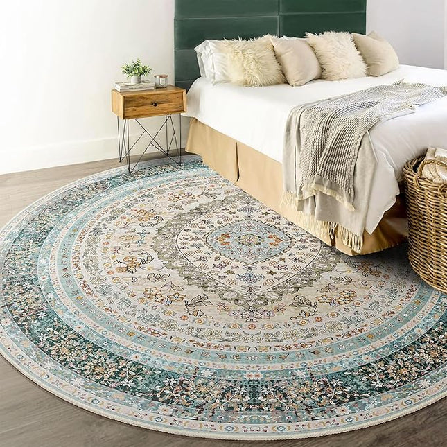Round Area Rugs 6ft Washable,Blue Rug for Living Room Bedroom Dining Room,Large Boho Vintage Bohemian Distressed Oriental Carpet Non Slip,Floral